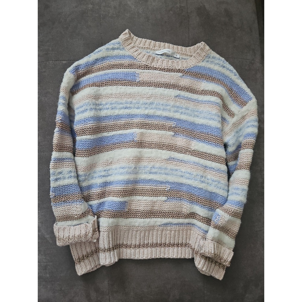 Altar'd State Striped Knit Sweater Small Pastel Pink Blue Gold Metallic Shimmer
